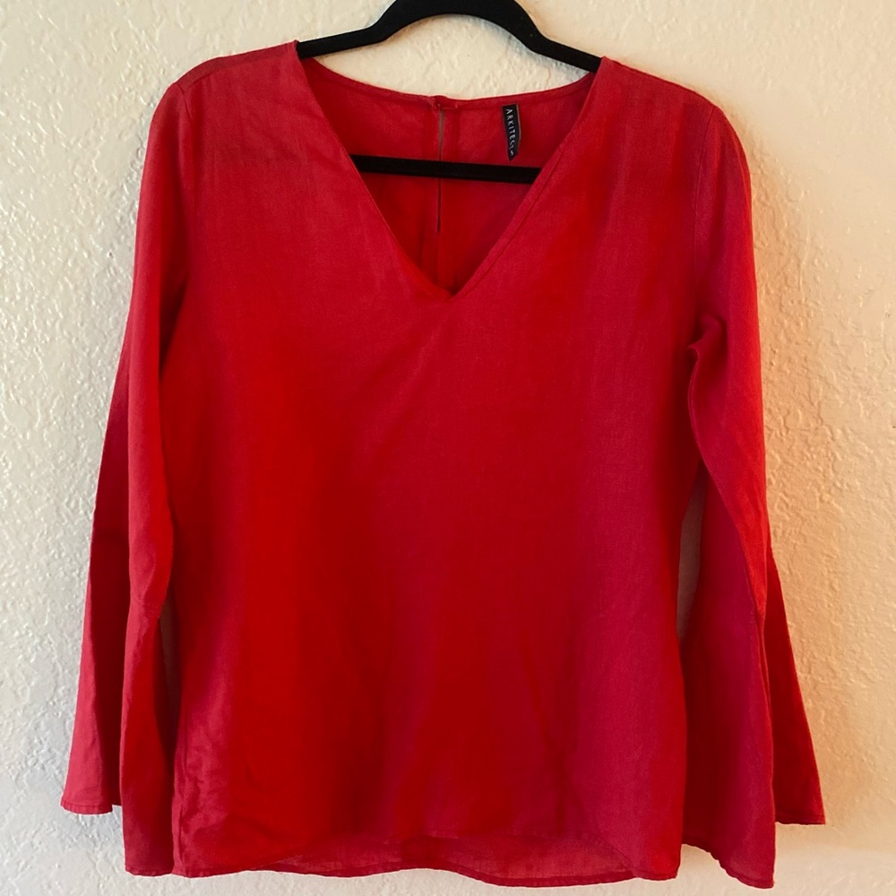 Arkitect Bell Sleeve Linen Top Size S Coral Red Elegant Vacation Resortwear